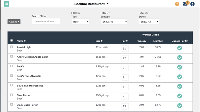 Screenshot of the par level management screen in the Backbar inventory software