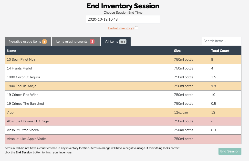 End Inventory Session