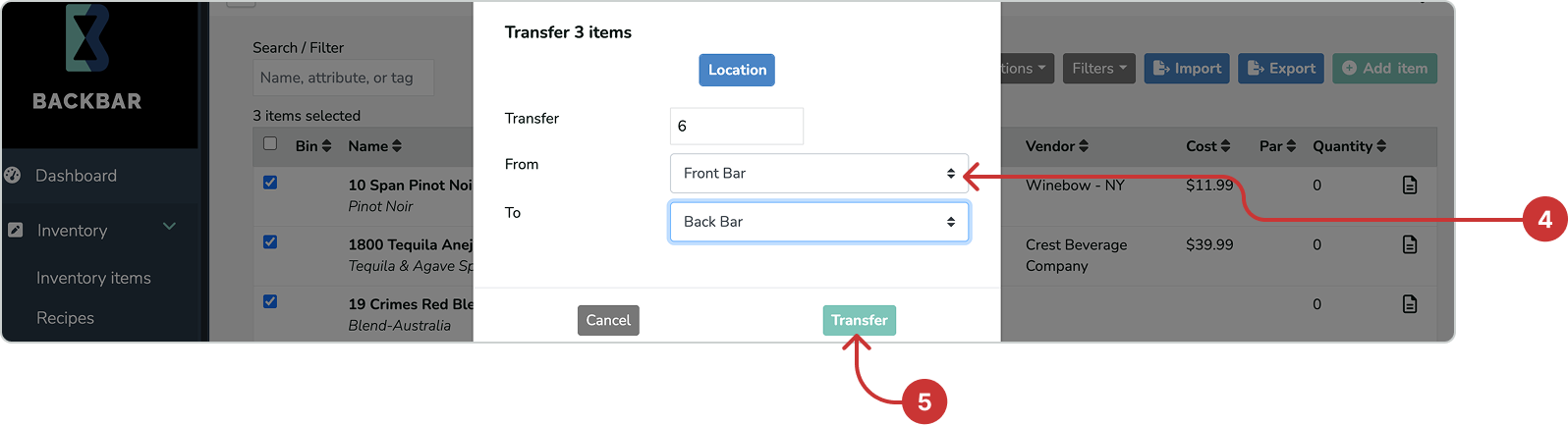 Transfer modal
