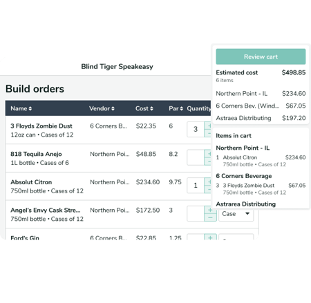 A graphic of the Build Orders page, where you can create carts for multiple vendors at once.