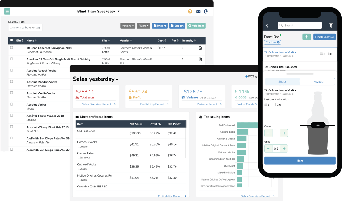 iPhone showing mobile inventory app and POS integration sales dashboard 