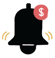 Illustration of a bell ringing with a dollar sign 