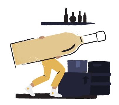 Illustration of a person carrying an oversized liquor bottle