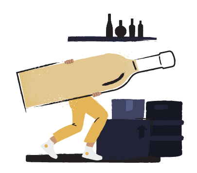 Illustration of a person carrying an oversized liquor bottle