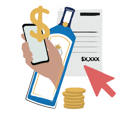 Illustration of liquor bottle, iphone, and dollar sign
