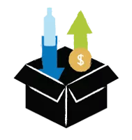 Illustration of a box with liquor bottle going in and a dollar sign coming out