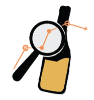 Illustration of a magnifying glass inspecting a liquor bottle