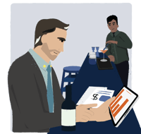 Reporting page header image featured illustration of bar manager review reports on bar inventory app with bartender mixing cocktail in the background