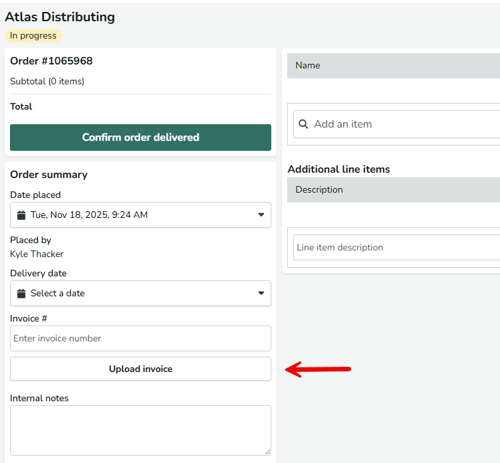 Web Order Page - Upload invoice