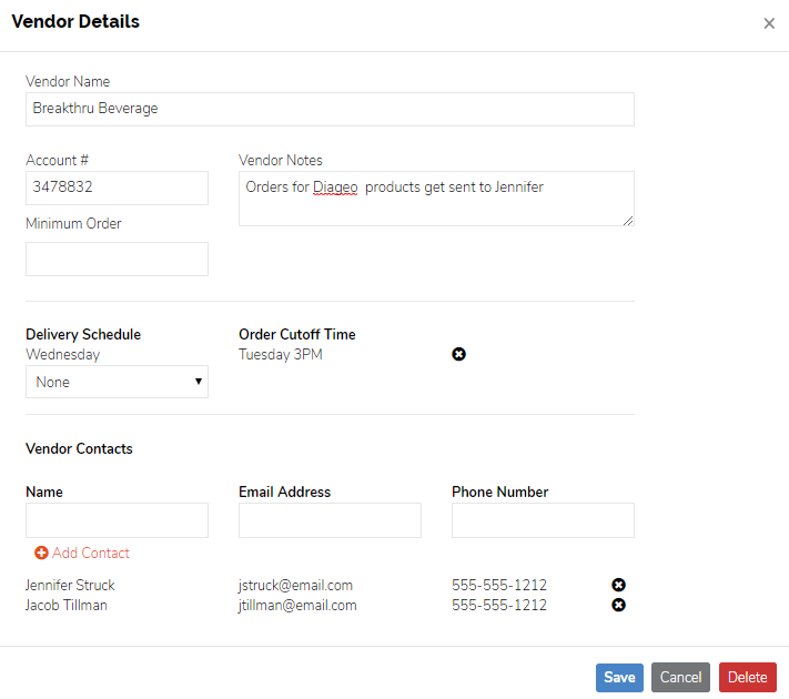 Manage Vendors - Vendor Details