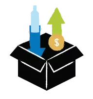 Illustration of a box with liquor bottle going in and a dollar sign coming out